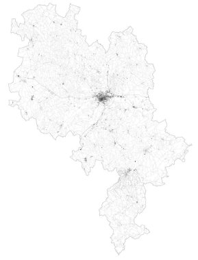 Asti vilayetinin uydu haritası, kasabalar ve yollar, binalar ve çevre bölgeleri birbirine bağlayan yollar. Piedmont, İtalya. Yol haritası, çevre yolları