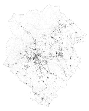 Biella vilayetinin uydu haritası, kasabalar ve yollar, binalar ve çevre bölgeleri birbirine bağlayan yollar. Piedmont, İtalya. Yol haritası, çevre yolları