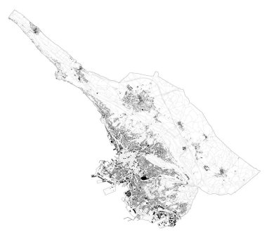 Trieste 'nin uydu haritası, kasabalar ve yollar, binalar ve çevre bölgeleri birbirine bağlayan yollar. Friuli-Venezia Giulia, İtalya. Yol haritası, çevre yolları