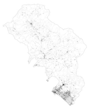 Sahip-Carrara vilayetinin uydu haritası, kasabalar ve yollar, binalar ve çevre bölgeleri birbirine bağlayan yollar. Toskana, İtalya. Yol haritası, çevre yolları