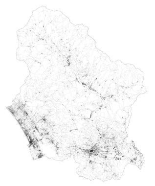 Lucca vilayetinin uydu haritası, kasabalar ve yollar, binalar ve çevre bölgeleri birbirine bağlayan yollar. Toskana, İtalya. Yol haritası, çevre yolları