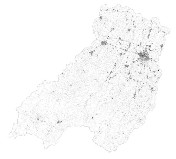 Parma Eyaleti 'nin uydu haritası, kasabalar ve yollar, binalar ve çevre bölgeleri bağlayan yollar. Emilia-Romagna bölgesi, İtalya. Yol haritası, çevre yolları