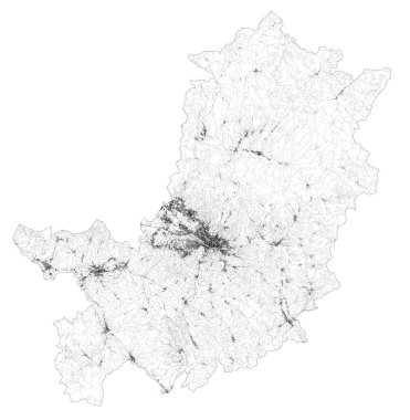 Floransa, Firenze 'nin uydu haritası, kasabalar ve yollar, binalar ve çevre bölgeleri birbirine bağlayan yollar. Toskana, İtalya. Yol haritası, çevre yolları