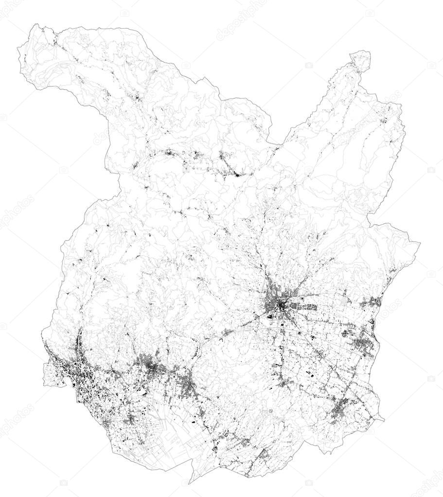 Satellite map of province of Pistoia, towns and roads, buildings and connecting roads of surrounding areas. Tuscany, Italy. Map roads, ring roads