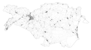 Ferrara Eyaleti 'nin uydu haritası kasabalar ve yollar, binalar ve çevre bölgelerin yolları. Emilia-Romagna bölgesi, İtalya. Yol haritası, çevre yolları