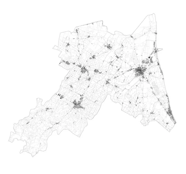 Mapa Satélite Provincia Ravenna Ciudades Carreteras Edificios Carreteras Conexión Los — Vector de stock