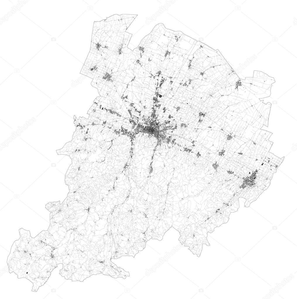 Satellite map of Province of Bologna towns and roads, buildings and connecting roads of surrounding areas. Emilia-Romagna region, Italy. Map roads, ring roads