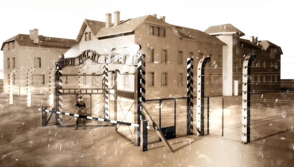 ポーランドの強制収容所アウシュヴィッツの入口ゲート マット フリーは強制収容所への入り口の上の碑文であるにもかかわらず 3Dレンダリング — ストック写真