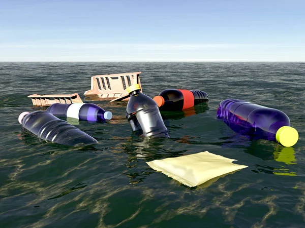 Polluted sea, garbage and plastic bottles floating in the sea. Floating islands. Plastic pollution, plastic waste. 3d render