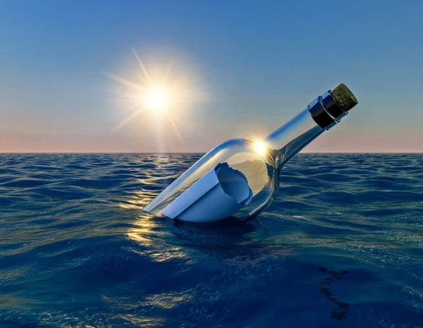 Message Bottle Bottle Floating Ocean Sunset Render — Stock Photo, Image