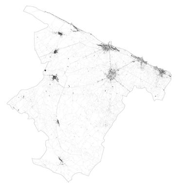 Barletta-Andria-Trani ilinin uydu haritası şehirler ve yollar, binalar ve çevre bölgelerin yolları. Puglia bölgesi, İtalya. Yol haritası, çevre yolları