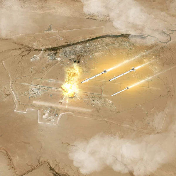 导弹袭击 伊朗对美国在伊拉克基地的袭击 阿萨德空军基地 3D渲染 — 图库照片