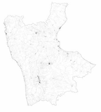 Cosenza Eyaleti 'nin uydu haritası kasabalar ve yollar, binalar ve çevre bölgeleri birbirine bağlayan yollar. Calabria bölgesi, İtalya. Yol haritası, çevre yolları