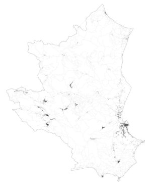 Crotone Eyaleti 'nin uydu haritası. Kasaba ve yollar, binalar ve çevre bölgelerin yolları. Calabria bölgesi, İtalya. Yol haritası, çevre yolları