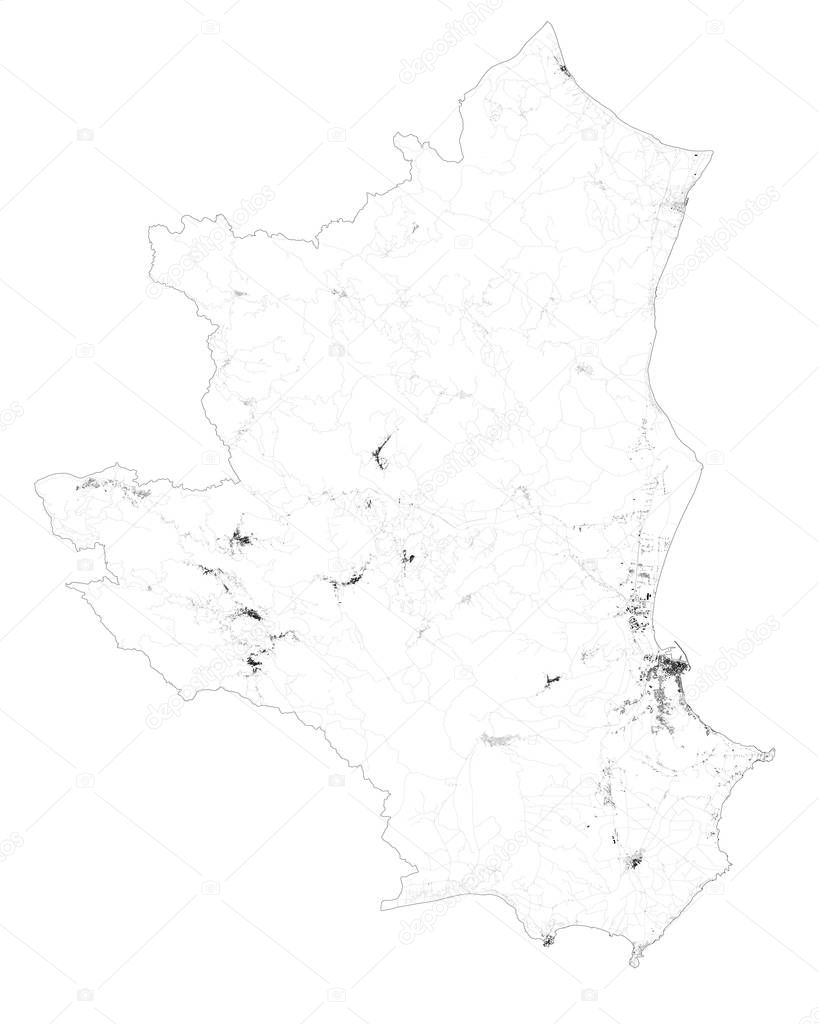 Satellite map of Province of Crotone towns and roads, buildings and connecting roads of surrounding areas. Calabria region, Italy. Map roads, ring roads