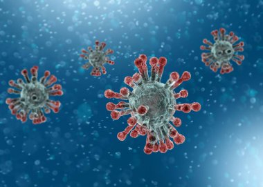 Coronavirus 'un mikroskobik görüntüsü, solunum yoluna saldıran bir patojen. Analiz ve test, deneyler. Sars. 3d hazırlayıcı