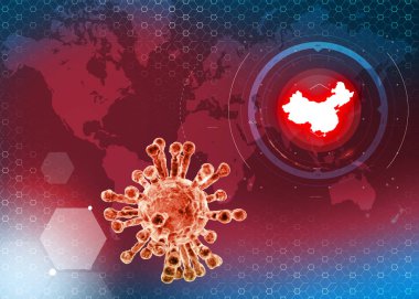 Coronavirus 'un mikroskobik görüntüsü, solunum yoluna saldıran bir patojen. Analiz ve test, deneyler. Sars. Salgın, yayılma. Grip. Bulaşıcı hastalık. Çin 'in yer aldığı dünya haritası vurgulandı. 3d hazırlayıcı