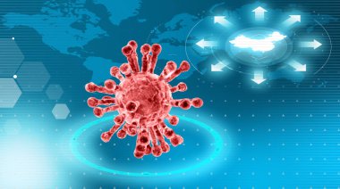 Coronavirus 'un mikroskobik görüntüsü, solunum yoluna saldıran bir patojen. Analiz ve test, deneyler. Sars. Salgın, 3 boyutlu görüntüleme. Bulaşıcı hastalık. Çin 'in ön plana çıkardığı dünya haritası