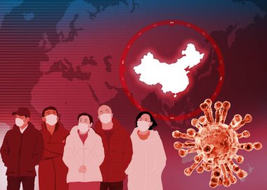 Coronavirus 'un mikroskobik görüntüsü, solunum yoluna saldıran bir patojen. Çin 'in ön plana çıkardığı dünya haritası. Maskeli insanlar, bulaşıcı tehlike. 3d hazırlayıcı