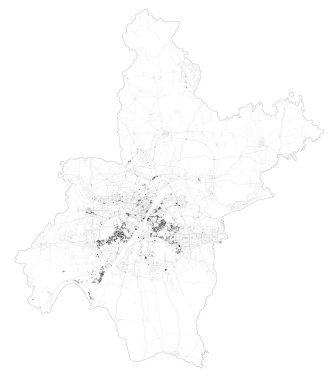 Wuhan 'ın uydu haritası, Jiang An Bölgesi, Hubei, Çin kasabaları ve yolları, binalar ve bağlantı yolları. Harita. Coronavirüs