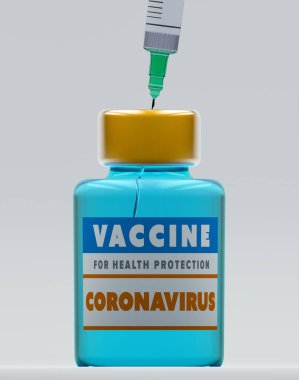 Coronavirus aşısı, koruma kampanyası, sağlık. Hastalıklar ve tedaviler. 3D görüntüleme. Şırınga ve solüsyon şişede. Hastalıklara karşı dokunulmazlık, 3D yorumlama
