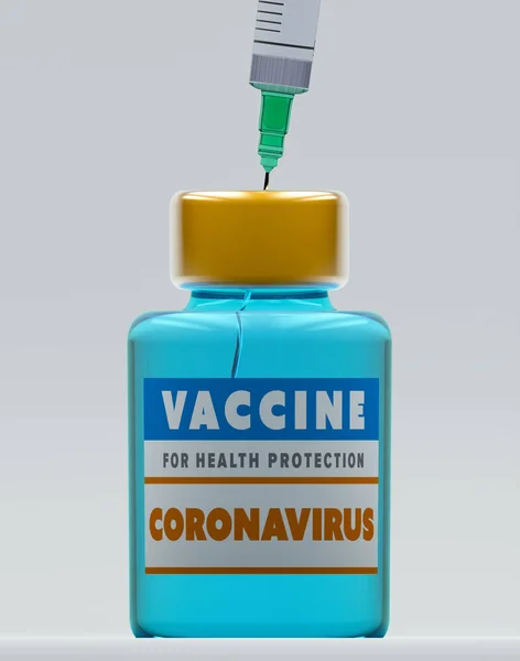 Coronavirus vaccine, protection campaign, health. Diseases and cures. 3d rendering. Syringe and solution in bottle. Immunity against diseases, 3d render