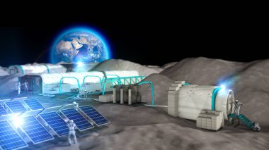 Lunar base, spatial outpost. First settlement on the moon. Space missions. Living modules for the conquest of space. 3d render. The earth seen from the moon