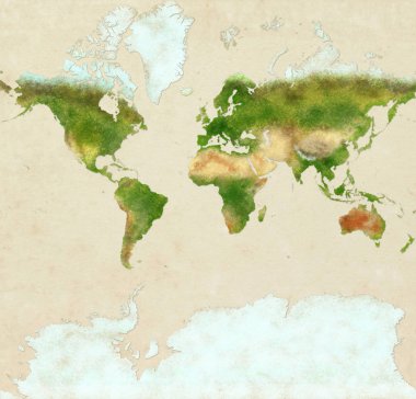 Antarktika, kağıt etkisi ve soyulmuş alçı ile tanımlanmış dünyanın planisphere 'ı. Dünyanın fiziksel haritası. El çizimi