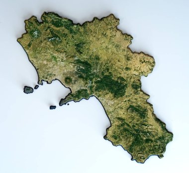 Campania bölgesinin uydu görüntüsü. İtalya. 3 boyutlu görüntüleme. Campania 'nın fiziksel haritası, düzlükler, dağlar, göller, Apeninlerin dağ sıraları