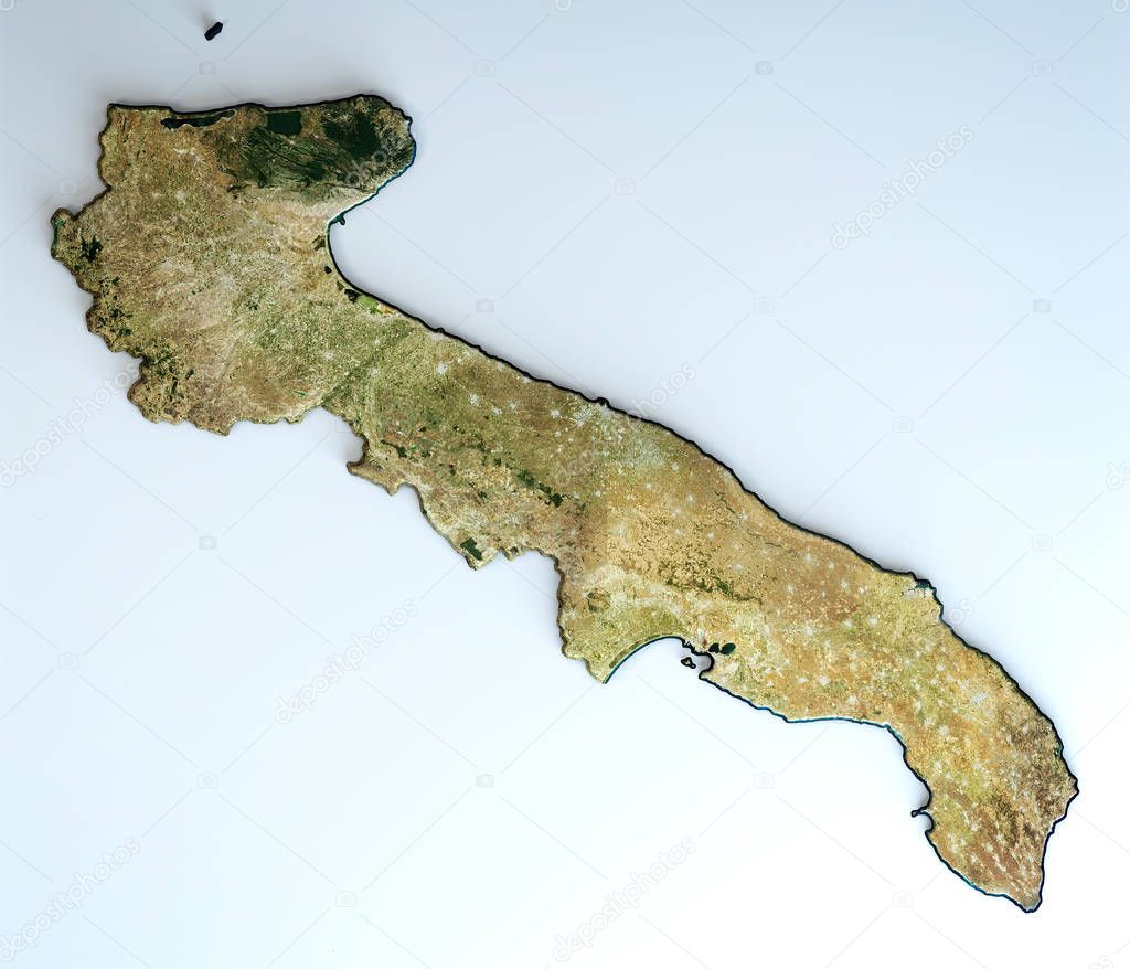 Satellite view of the Puglia region. Italy. 3d render. Physical map of Puglia, plains, mountains, lakes, mountain range