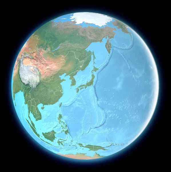东亚地形图 卫星视图 地形图 物理学 地图绘制 救济地图集 3D渲染 这些图像的内容由美国国家航空航天局提供 — 图库照片