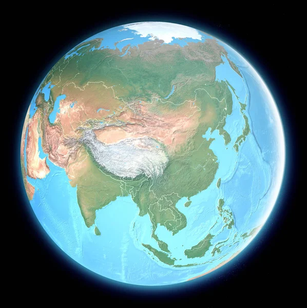 亚洲世界地图 卫星视图 地图学 物理学 地图绘制 救济地图集 3D渲染 这些图像的内容由美国国家航空航天局提供 — 图库照片