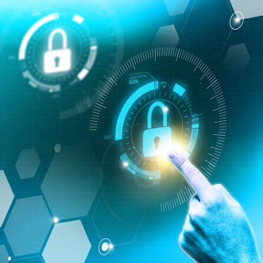 Kilit simgesi ile bir ekrana parmak tıklamak. Hat görüntüleme devam eden hackleme aşamalarını gösteriyor: incinebilirliği sömürme, çalıştırma ve İzin Verilen Erişim