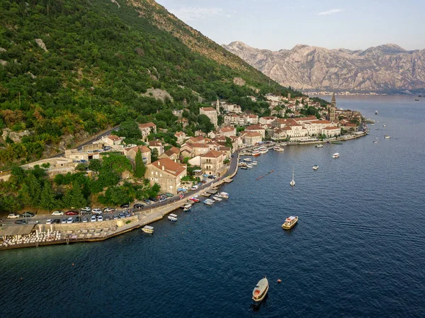 Widok Lotu Ptaka Perast Stare Miasto Nad Zatoką Kotor Czarnogórze — Zdjęcie stockowe