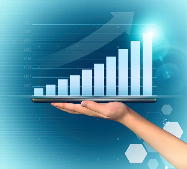 Businesswoman Holding Tablet Showing Holographic Graphs Stock Market Statistics Gain — Stock Photo, Image