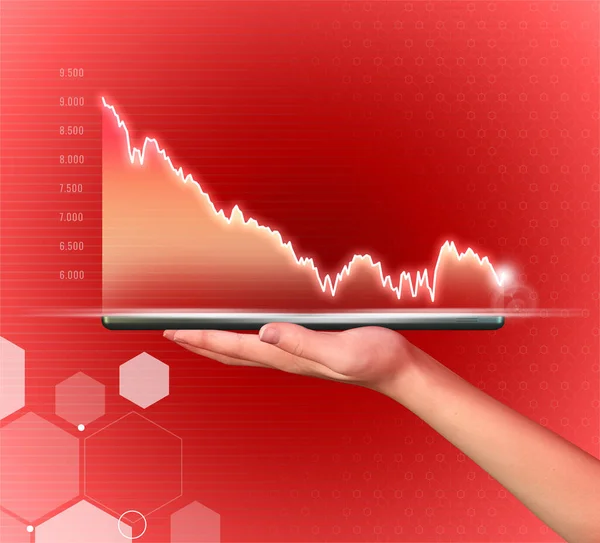 Empresaria Sosteniendo Tableta Mostrando Gráficos Holográficos Estadísticas Bursátiles Perdió Beneficios — Foto de Stock