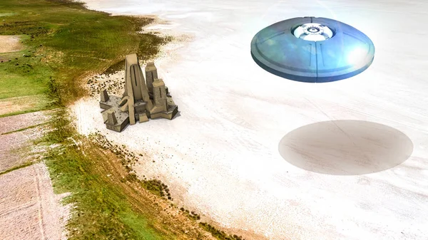 科幻寺设置在盐锅上 鸟瞰异形建筑 外星文明 新的世界超自然的力量和能量 Ufo飞越了一个陌生的建筑 3D渲染 — 图库照片