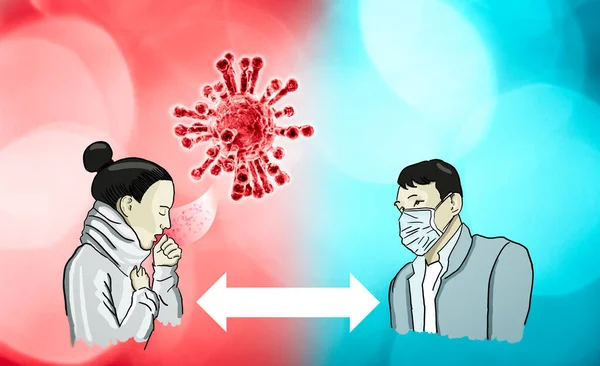 Protection against coronavirus, keep the safety distance between people. Covid-19 spread. How to counteract the coronavirus emergency. Use of protection masks. Girl with cough that spreads the virus