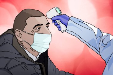 Doktor bir hastaya ısıyı ölçüyor. Ateş için kızılötesi termometre. Coronavirus acil durumu. Covid-19 ve maskeli bir hasta. Virüsün yayılmasını önlemek için sağlık araçları kullanılıyor..