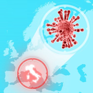 İtalya haritası Coronavirus, Avrupa haritası ve İtalya vurgulandı. Covid-19 yayıldı. Viral enfeksiyon yayılımı. Dünya salgını. Avrupa virüse karşı savaşıyor. 3d hazırlayıcı