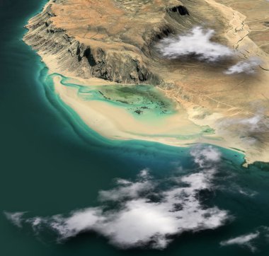 Satellite view of Qalansiyah Beach, Socotra, Yemen. 3d render. Deetwah lagoon, Qalansia. One of the most spectacular beaches in the world. 3d render. Element of this image is furnished by Nasa clipart