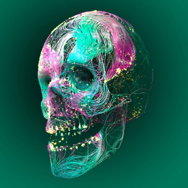 Kafatasının anatomik görüntüsü, sinirsel bağlantılar, beyin ve iletişim. Zihin ve düşünce. Nöronlar ve elektrik akımları. 3d hazırlayıcı