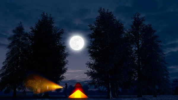 Tent Buitenleven Kamperen Sociale Afstand Vakantie Bomen Natuur Nacht Maan — Stockfoto