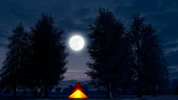 Tent Buitenleven Kamperen Sociale Afstand Vakantie Bomen Natuur Nacht Maan — Stockfoto