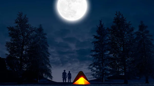 Tent Outdoor Life Camping Social Distancing Holidays Night Moon Shining — Stock Photo, Image