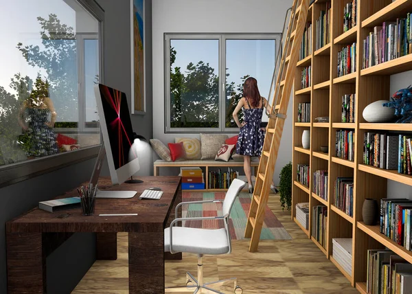 Innenarchitektur Modernes Arbeitszimmer Mit Großem Fenster Und Bibliothek Designermöbel Leiter — Stockfoto
