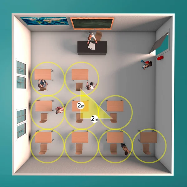 新的教室安排 以保持适当的社交距离 对Covid Coronavirus采取预防措施 进入学校班级的方法 3D渲染 — 图库照片