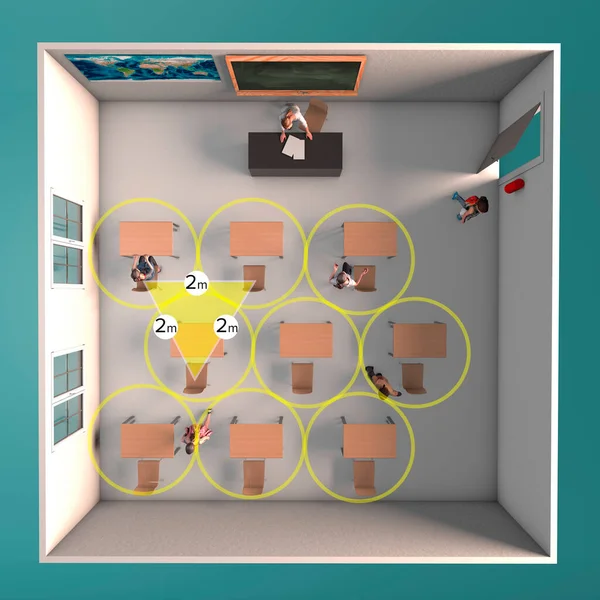 新的教室安排 以保持适当的社交距离 对Covid Coronavirus采取预防措施 进入学校班级的方法 3D渲染 — 图库照片