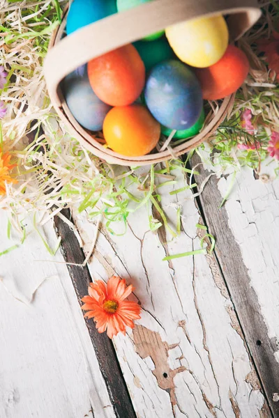 Ostern: Blumen und Gras umgeben Korb mit gefärbten Eiern — Stockfoto