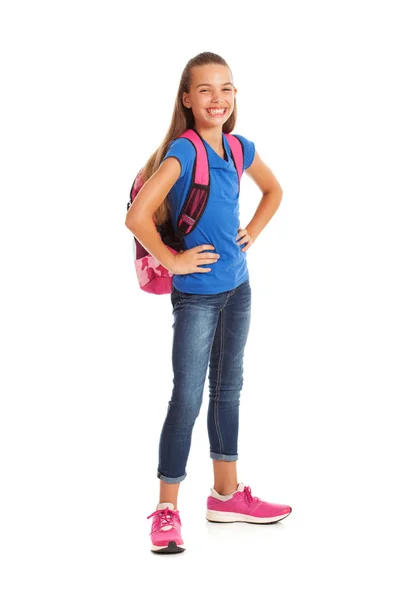 École : Étudiant mignon avec grand sourire regarde à la caméra Photo De Stock